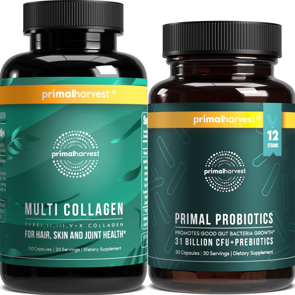 Pierwotne zbiory Probiotyki i Multi Colagen Suplementy dla kobiet i mężczyzn Pre i Probiotyki z 31 Miliard CFU i Collagen Peptides Pills Bundle