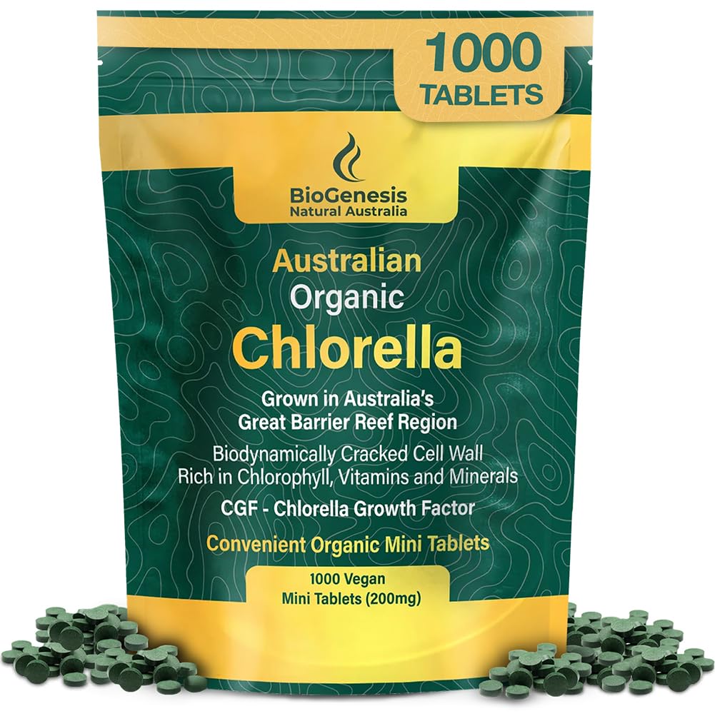 Biogeneza Organic Chlorella Mini Tablets - 1000 Count (200mg) < 124; Australian Grown < 124; Rich in Chlorophyll, Vitamin & Minerals < 124; Supports Energy & Immunity < 124; Vegan Mini Tablets