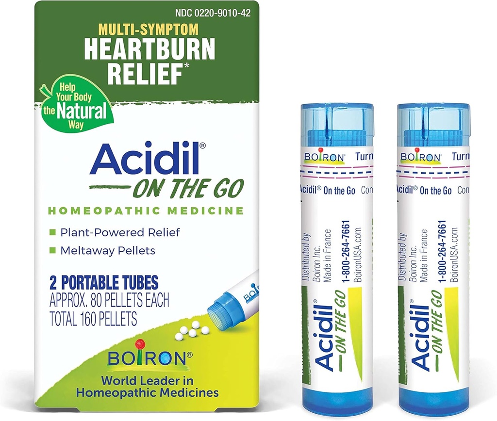 Boiron Acidil On The Go Travel Esential for Relief of Acid Refluke, Heartburn, Infersions, Bloating, and Usset Stomach - 2 Count (160 Pellets)