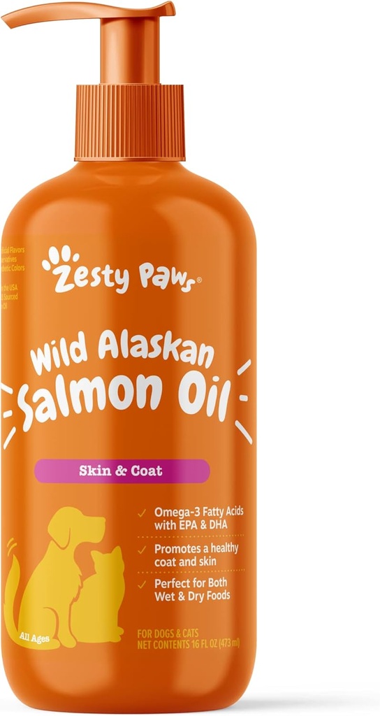 Zesty Paws Wild Alaskan Salmon Oil for Dogs and Cats - Wsparcie skóry i płaszcza, Omega 3 Suplement dla zwierząt domowych, 16oz, Pompa Top