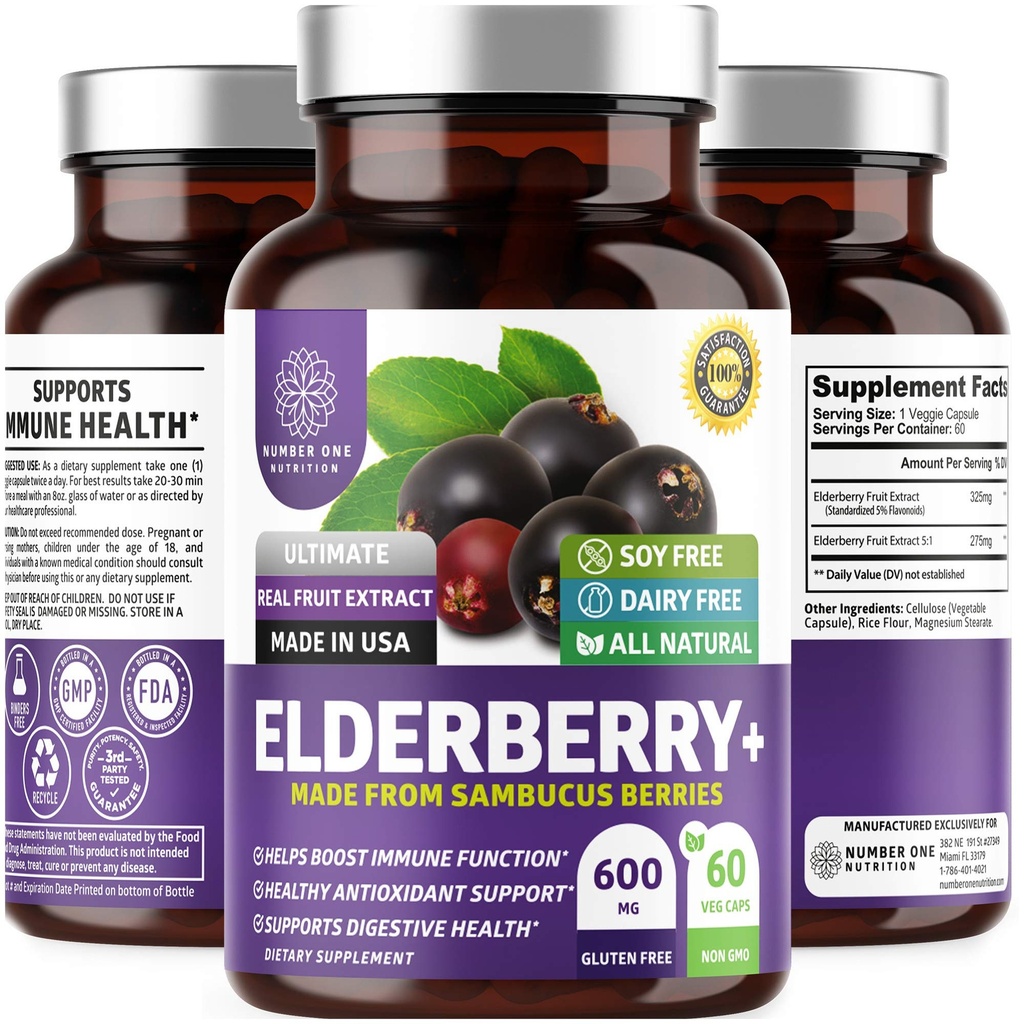 N1N Premium Black Elderberry Kapsułki dla dorosłych [Max Siła] Czysty i mocny Elderberry z Sambucus Nigra do wspierania odporności & Zdrowie skóry, Non-GMO, Gluten Free, 60 Czapki Veg