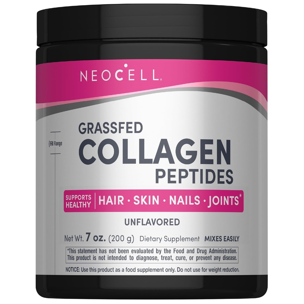 NeoCell Super Collagen Peptydes, 10 g Collagen Peptydes per Serving, Gluten Free, Keto Friendly, Non-GMO, Pasza na trawę, Zdrowe włosy, Skóra, Nails and Joints, Nieflavored Proszek, 7 oz., 1 Puchar