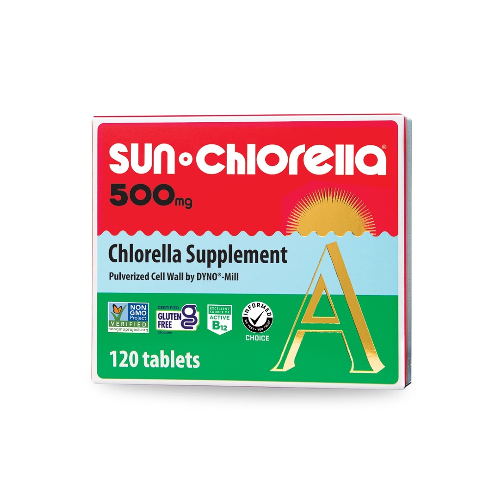 Sun Chlorella 500mg Whole Body Wellness Green Algae Superfood Supplement - Immune Defense, Gut Health, Natural Oczyszczanie, Energy Boost - Chlorofil, B12, Żelazko, Białko - Non-GMO - 120 Tabletki