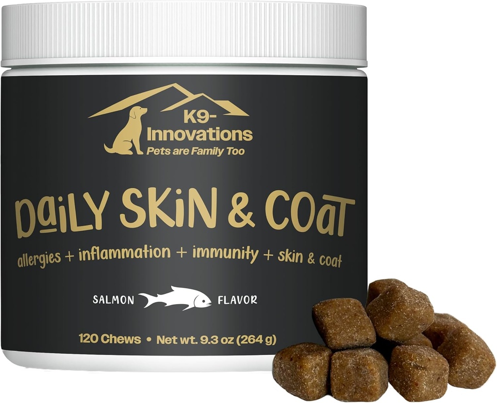 K9- Innowacje - Daily Skin & Coat Dog Chews Salmon Flavor - Reduce Sartching & Paw Chewing, Omega 3 & VIT C for Skin Health - 1- 4 Month Supply (120qty)