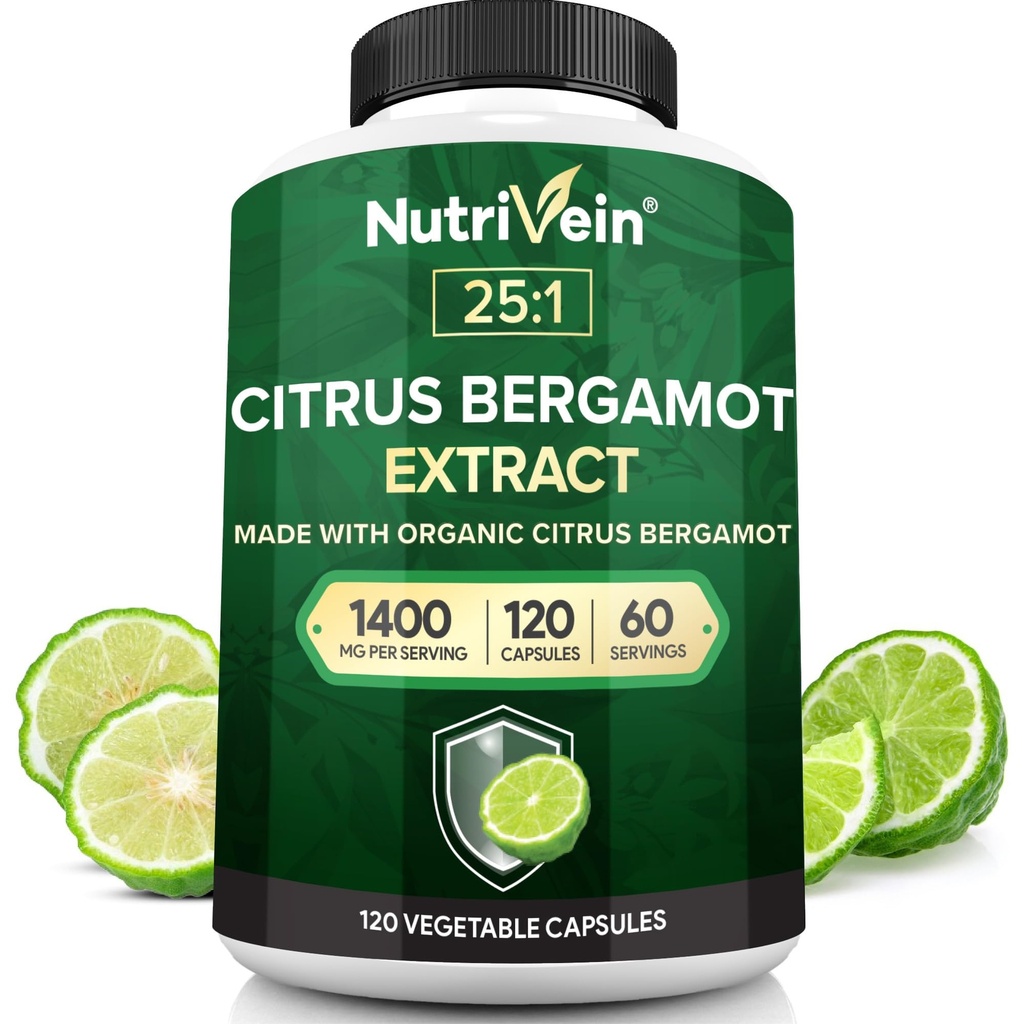 Żywotna żyłka Premium Citrus Bergamot Supplement 1400mg 25: 1 Bergamia Extract - 60 Day Supply (120 Kapsułek): Potężny włoski Citrus Bergamot 1400 mg + Wysokie stężenie - Serce i układ krążenia