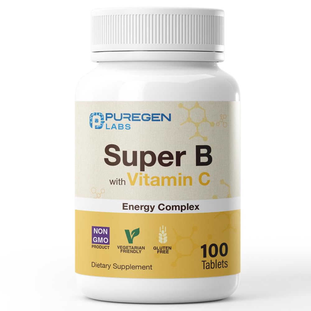 Kompleks energetyczny Puregen Labs Super B z witaminą C - Immune Health, Energy & Nerwowy system wsparcia - Non-GMO, Gluten- Free 100 Tabletki wegetariańskie