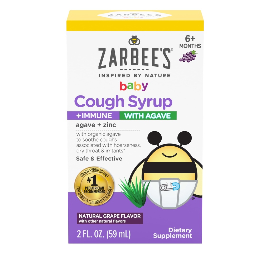 Syrop Kaszlowy Zarbee + immunologiczny z Agawy Organicznej + Cynk; Natural Grape Flavor; dla niemowląt 6 + Miesiące, 2 Fl Oz (Pack of 1)