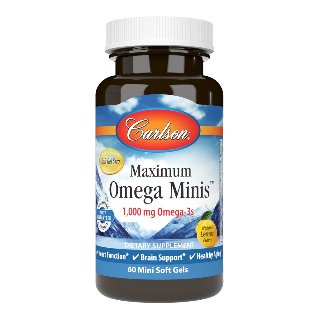 Carlson - Maximum Omega Minis, 1000 mg Omega- 3, Funkcja serca, Wsparcie mózgu i zdrowe starzenie, Lemon, 60 Mini Softgels