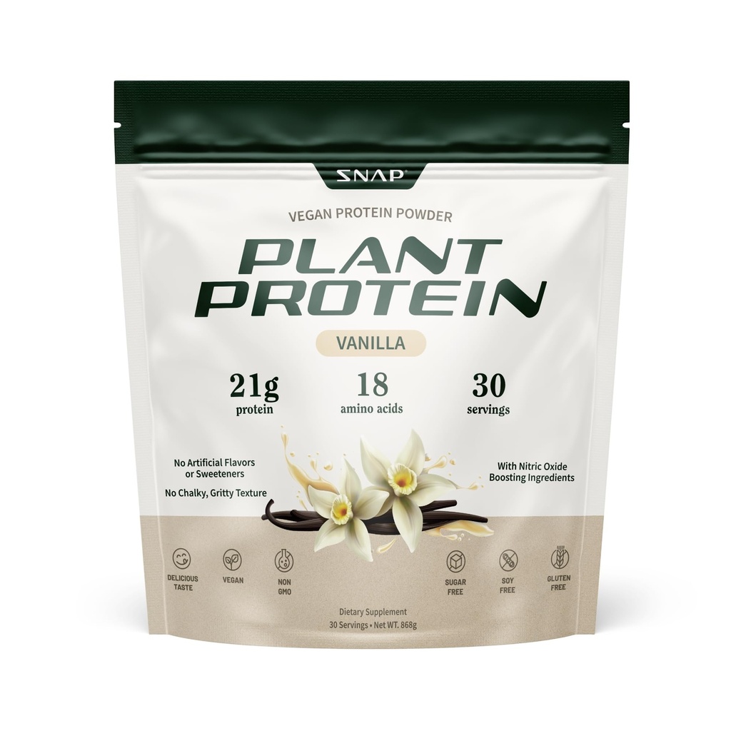 Supplement Snap Organic Plant Based Vegan Protein Powder Nitric Tlenki wzbogacające Białko Proszek, Fasola waniliowa, BCAA Amino Acid for Muscle Growth, Performance & Recovery - 30 Servings (Vanilla)