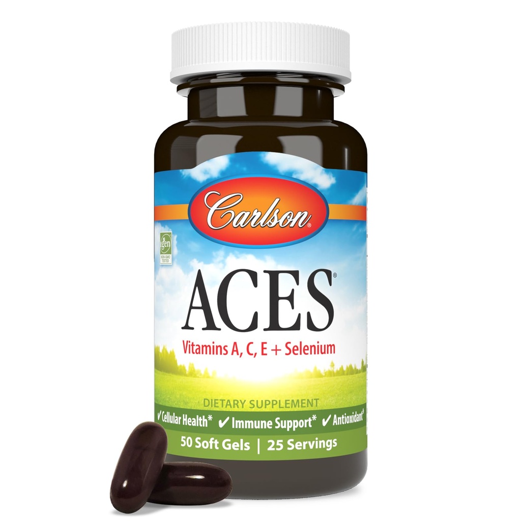 Carlson - ACE, Witaminy A, C, E + Selen, Zdrowie komórkowe i wsparcie immunologiczne, Przeciwutleniacz, 50 Softgels
