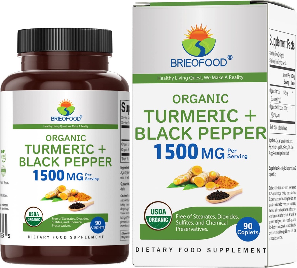 Brieofood Organic Turmeric z Black Pepper 1500mg, 45 Służenia, Wegetarianin, Gluten Free, 90 Tabletki wegetariańskie