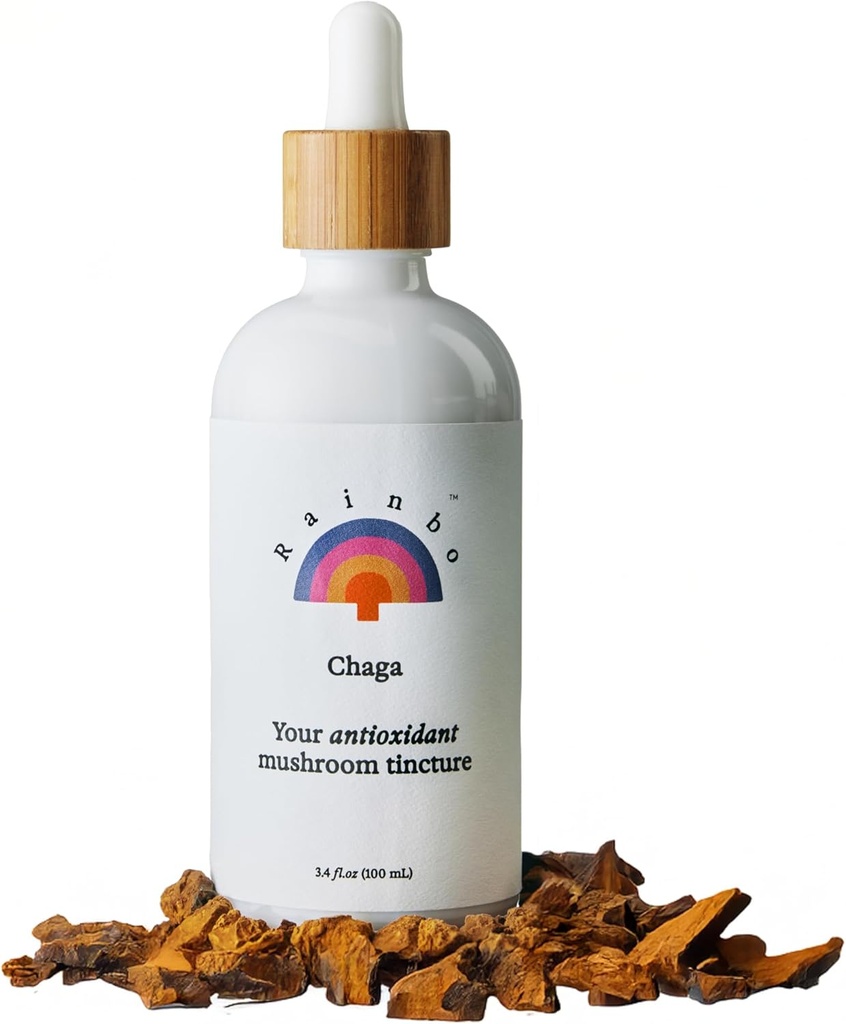 Rainbo - Chaga Mushroom Tincture - Dual Extract Mushroom Supplement - Immune Support, Cellular Supplement, Liquid Chaga Supplement, Vegan, Non GMO, 3.4 fl oz