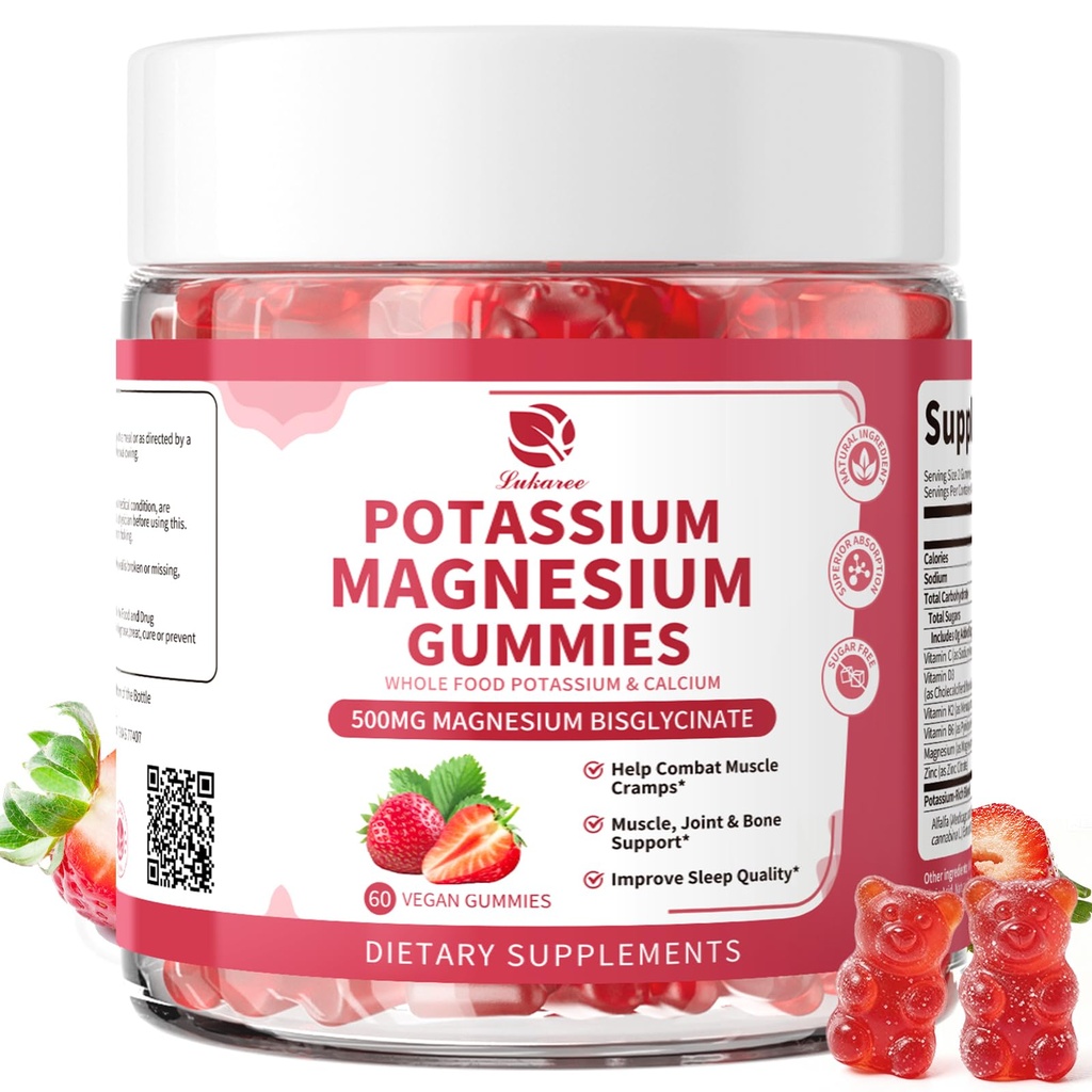 Magnezu suplement potasu Gummie - Nowa formuła Calm Magnezu Gummies glicynian & Cytrynian potasu 200 mg Plus Omega 3, B6, D3, K2 & Wapnia dla Zzz, Kurcze nóg i mięśnie - 120