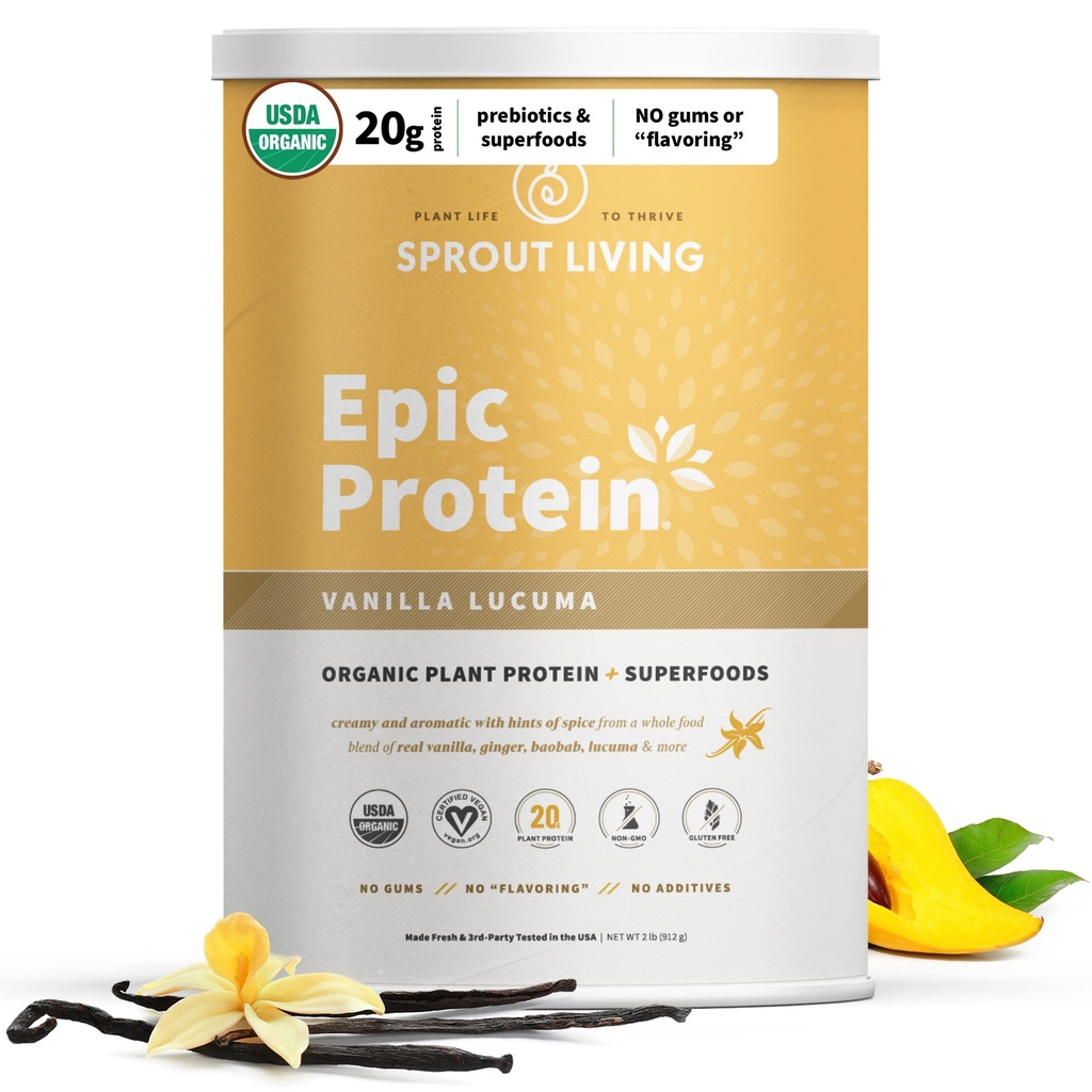 Prosięta Żywe Epickie Białko, Białko roślinne i Superfoods Proszek, Vanilla Lucuma Proszek Pigment 124; 20 Grams Organic Protein Powder, Wegan, Non Dairy, Non-GMO, Gluten Free, niski cukier (2 Funt, 24 Servings)