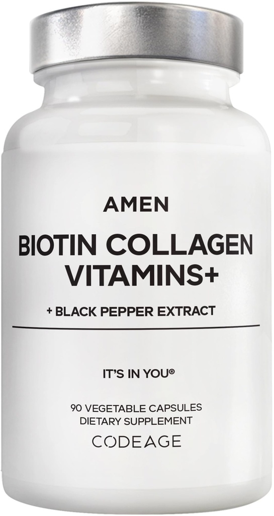 Amen Biotin Collagen Vitamins + 10 000 µg Biotin Supplement - Zhydrolizowany Kolagen, Witaminy C & E, Folate, Kwas hialuronowy, Keratin, MSM, Saw Palmetto - 3- Month Supply - Non-GMO - 90 Kapsułki