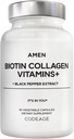 Amen Biotin Collagen Vitamins + 10 000 µg Biotin Supplement - Zhydrolizowany Kolagen, Witaminy C & E, Folate, Kwas hialuronowy, Keratin, MSM, Saw Palmetto - 3- Month Supply - Non-GMO - 90 Kapsułki