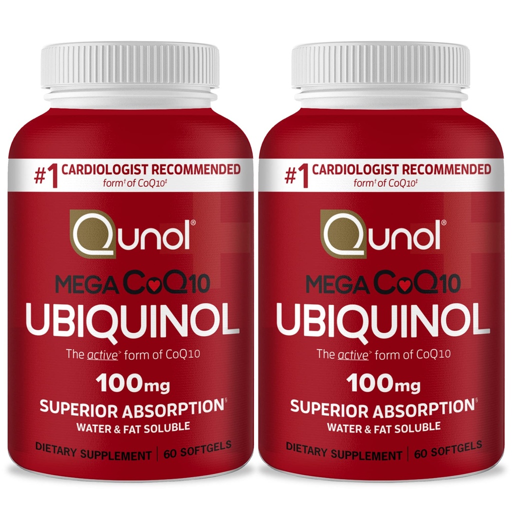 Qunol Mega Ubichinol Coq10 100 mg, Superior Absorption, Opatentowana woda i tłuszcz Rozpuszczalny Forma naturalnego suplementu koenzymu Q10, Przeciwutleniacz do Zdrowia Serca, 60 Softgels, Opakowanie 2