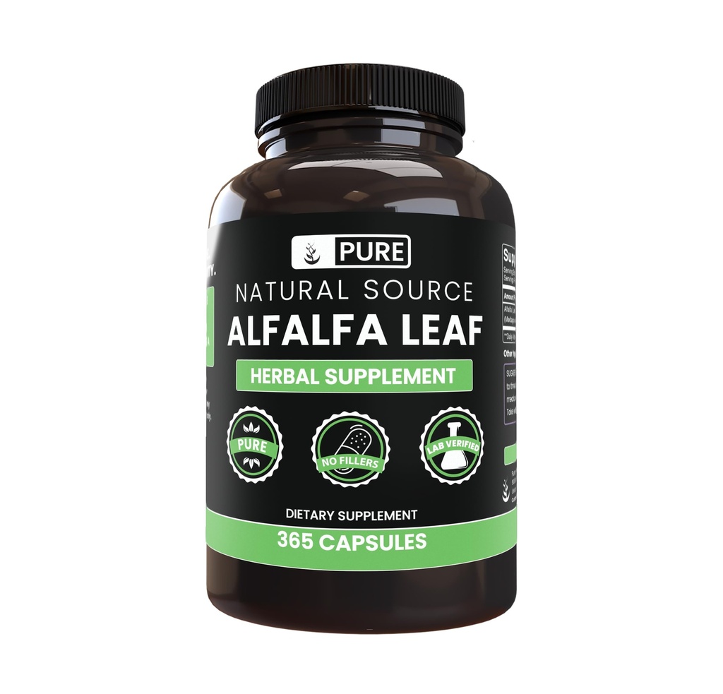 PURE ORYGINALNE WŁÓKIENNIKI ALfalfa Leaf (365 Kapsułki) Brak magnezu lub wypełniaczy ryżowych, zawsze czyste, Laboratorium zweryfikowane