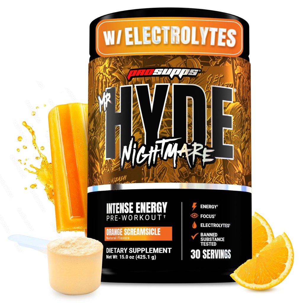 PROSUPPS Hyde Nightmare w proszku przed treningiem z kofeiną i alaniną Beta - Wstępny trening intensywnej energii, mentalne skupienie i wydajność - Siłownia i suplementy fitness (kremówka pomarańczowa, 30 Sług)