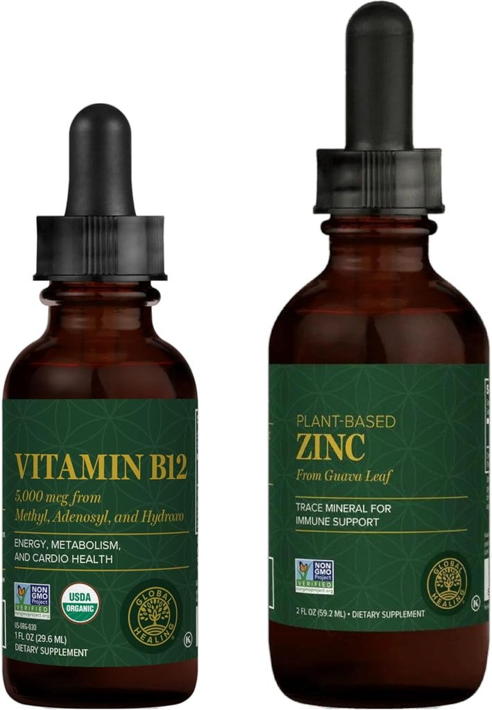 Global Healing Center - witamina B12 i organiczny zestaw płynnego cynku - Długotrwała energia, Wzmacnianie układu immunologicznego, Równowaga hormonalna