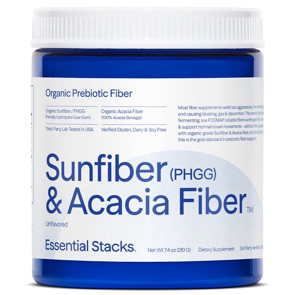 Esencjalne stosy organiczne włókno prebiotyczne (częściowo hydrolizowane Guar Guar Gum / PHGG) z Acacia Fiber Powder - Gluten Free, Non- GMO & Unflavored Soluble Fiber (7.4 oz)