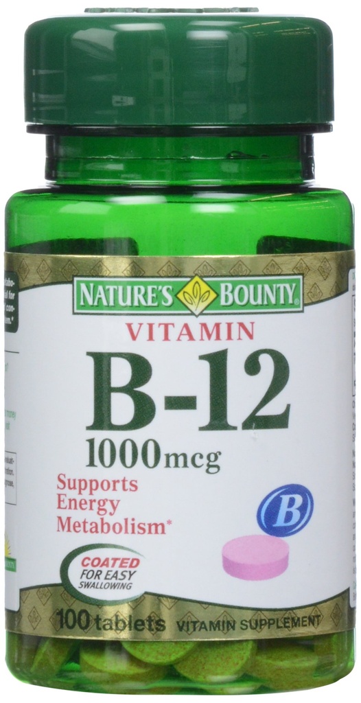 Witamina B12 według bounty przyrody, suplement witaminy, Wspomaga metabolizm energii i zdrowie układu nerwowego, 1000mcg, 100 tabletek