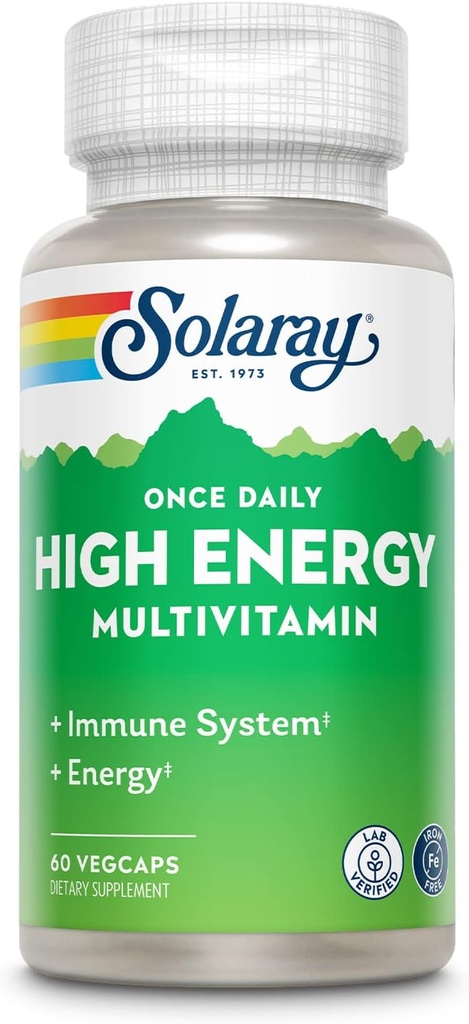SOLARAY Raz dziennie wysokiej energii Multivitamin, Żelazo, System immunologiczny i wsparcie energii, Całość żywności i Herb Base Składniki, Mężczyźni i kobiety Multi Witamina, 60 Służenia, 60 VegCaps