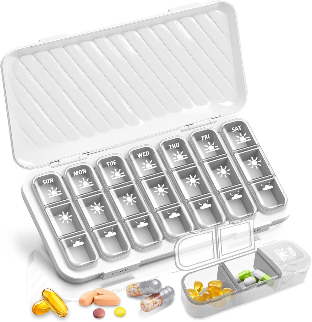 GloDeals Cotygodniowy Pill Organizer - Duży 7 Day Medicine Organizator, 3 razy dziennie, biały