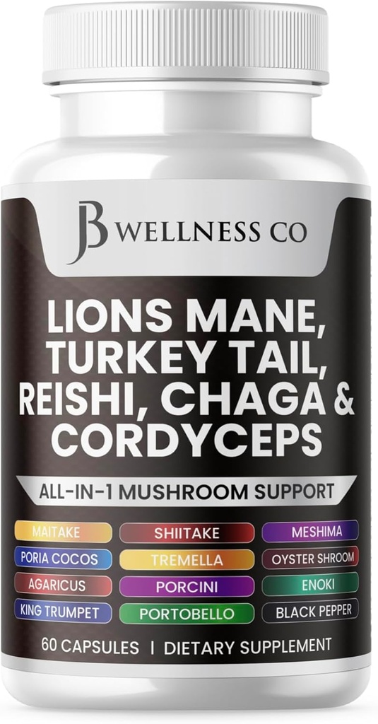 Lions Mane Supplement Wsparcie Cognitive, Zdrowie immunologiczne z Turcji Ogon 20in1 Mushroom Reishi Cordyceps Chaga z Marshmallow Root 60 Hrabia
