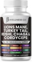 Lions Mane Supplement Wsparcie Cognitive, Zdrowie immunologiczne z Turcji Ogon 20in1 Mushroom Reishi Cordyceps Chaga z Marshmallow Root 60 Hrabia