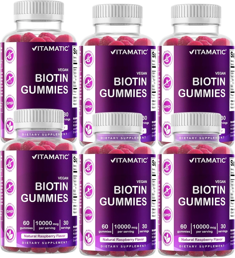 Witaminowe Gummeje Biotin 10,000 μg dla silniejszych włosów, skóry i paznokci - 60 Wegańskie Gummeje - również nazywane Witamina B7 (6 butelek)