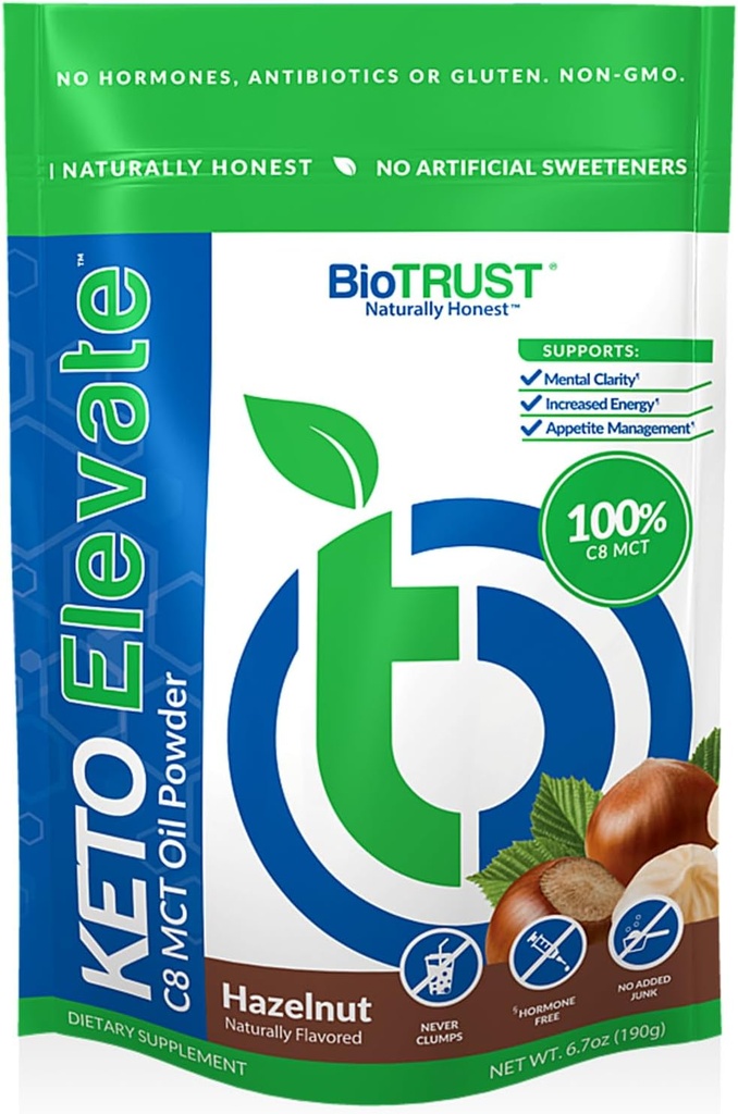 BioTrust Keto Elevate - C8 MCT Oil Powder - Ketogenic MCT Coffee Creamer, Keto Coffee Creamer - Clean Energy, Mental Focus & Clarity - 100% Capiline Acid MCT Powder, Non-GMO (Hazelnut, 20 Servings)
