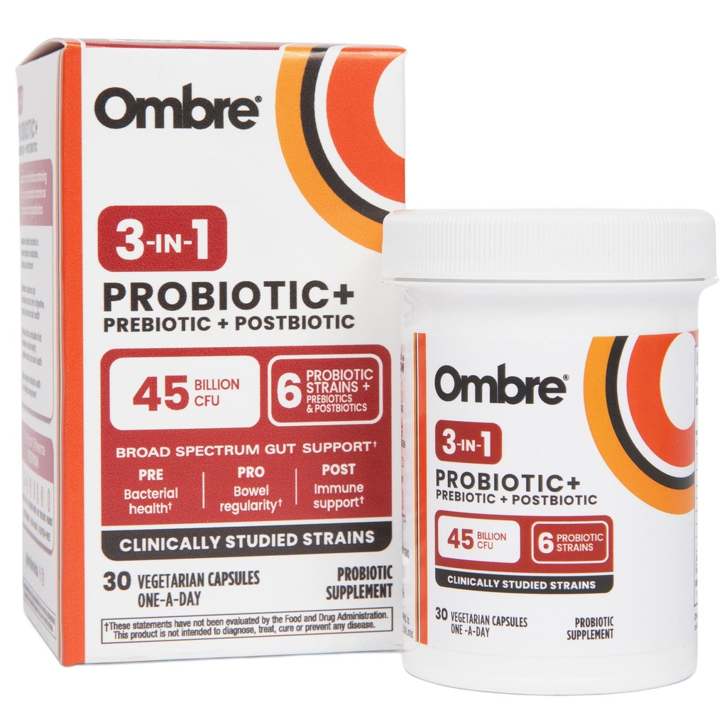 Ombre 3-in-1 Probiotic, Prebiotic and Postbiotic for Digestive Health & Gut Health - 45 Billion CFU - Bloating, Constipation & Gas Relief - Metabolic & Immune Support for Women & Men, 30 Day Supply