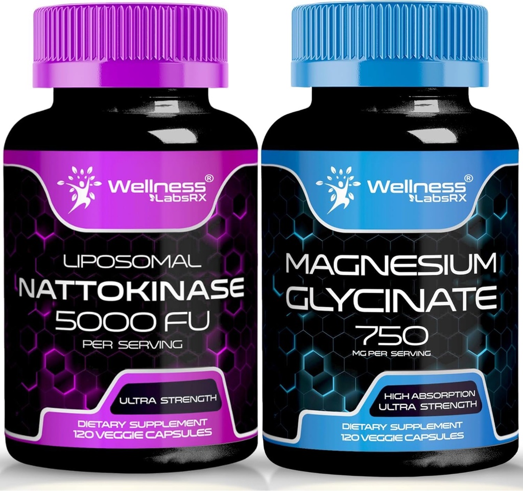 WELLNESS LABSRX Nattokinaza Suplement Kapsułki - 5000 FU - Glicynian magnezu Kapsułki 750 MG