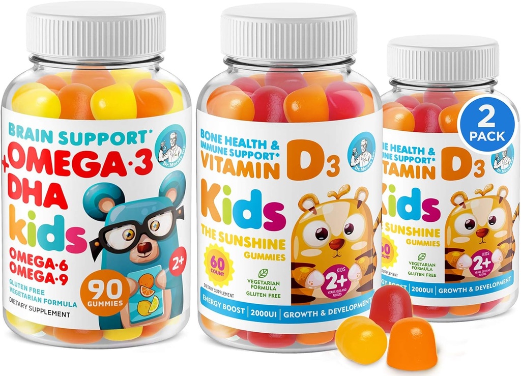 Omega 3 Gummeje DHA i Gummeje Witaminowe D dla dzieci i dorosłych - No Fish Oil and gluten Free Imimmunological Health Plant Based Fiber Chewable