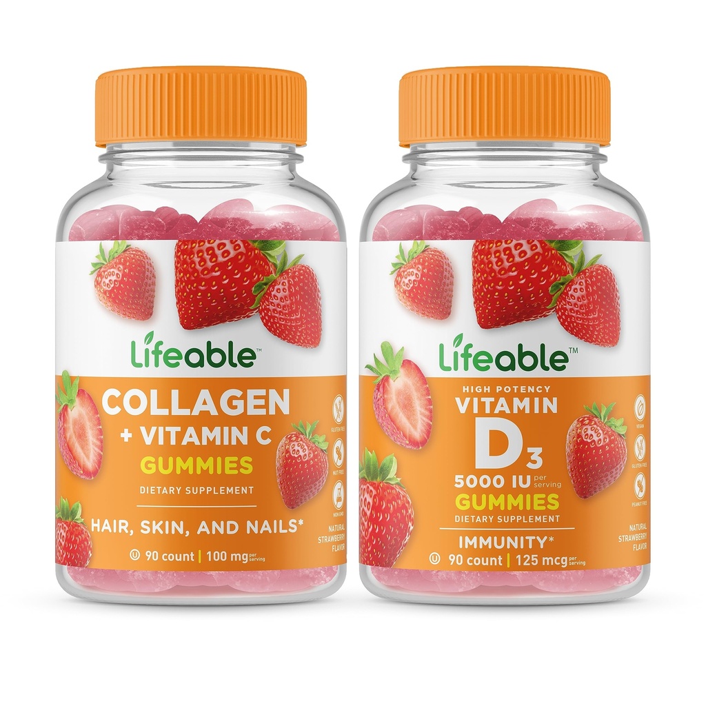 Żywy Kolagen i Witamina C + Witamina D 5000 IU, Gummies Bundle - Great Desting, Suplement witaminy, Gluten Free, GMO Free, Gummy do żucia