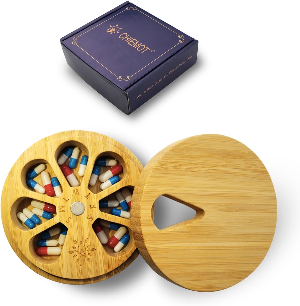 Bambus Wood Weekly Pill Organizator dla medycyny Suplement witaminy, Artretyzm Przyjazny 7- Day Pill Box średnio pojemnik, Codzienne Przenośny Pill Case Opiekunka