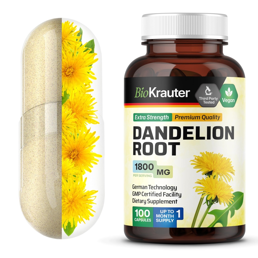 BIO KRAUTER Dandelion Korzeń Kapsułki - 1800 mg Moc - 100 Hrabia - Dandelion Korzeń Suplement - Kapsułki wegańskie do wsparcia wątroby