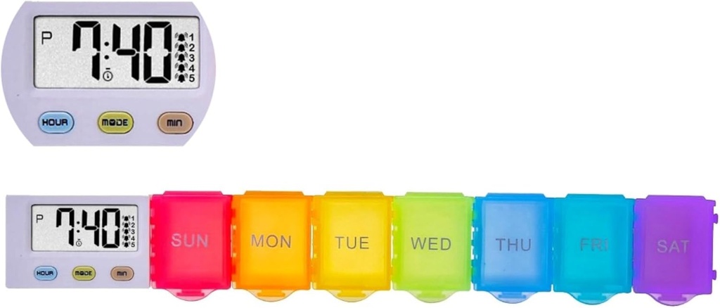 [4 w 1] 7 Day Medicine Pill Organizer + 5 Reminder Alarms + Timer + Clock, Duży skład, Dźwięk głośny, Duży ekran, Moisture- Dowód, Dust- Dowód, Travel Weekly / Codzienne Pill Box / Organizator / Case / Kontener / Odkurzacz