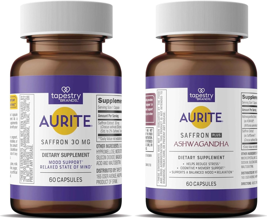 Saffron Ashwagandha & Saffron Supplement Bundle 124; Zarządzanie stresem, Wsparcie nastroju, Pamięć długookresowa. Przyjazne wegetariańskie, Nie-GMO, Gluten- Free, Soy- Free