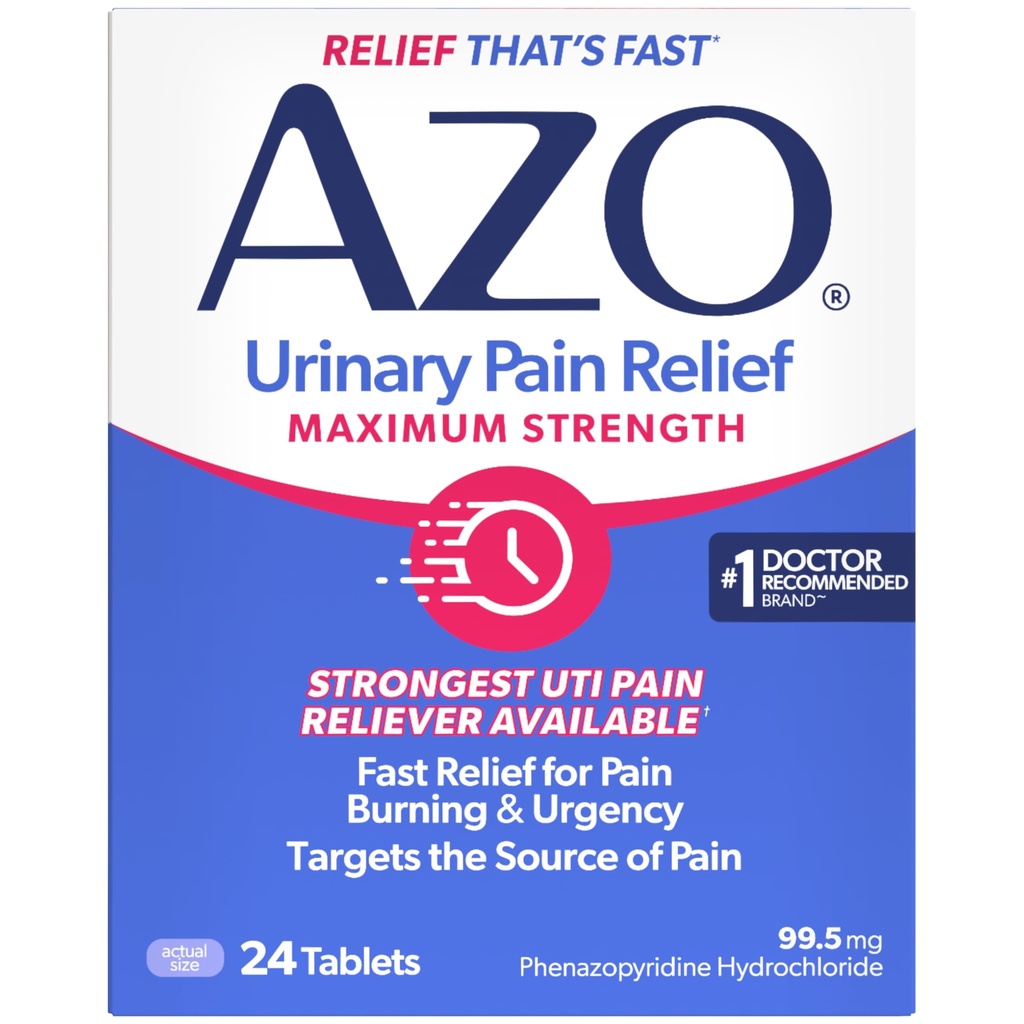 AZO Urynary Pain Relief Maximum Strength, Szybka ulga UTI Pain, Płonące i Pilne, Cele Źródło bólu, # 1 Najbardziej zaufanej marki, 24 Tabletki
