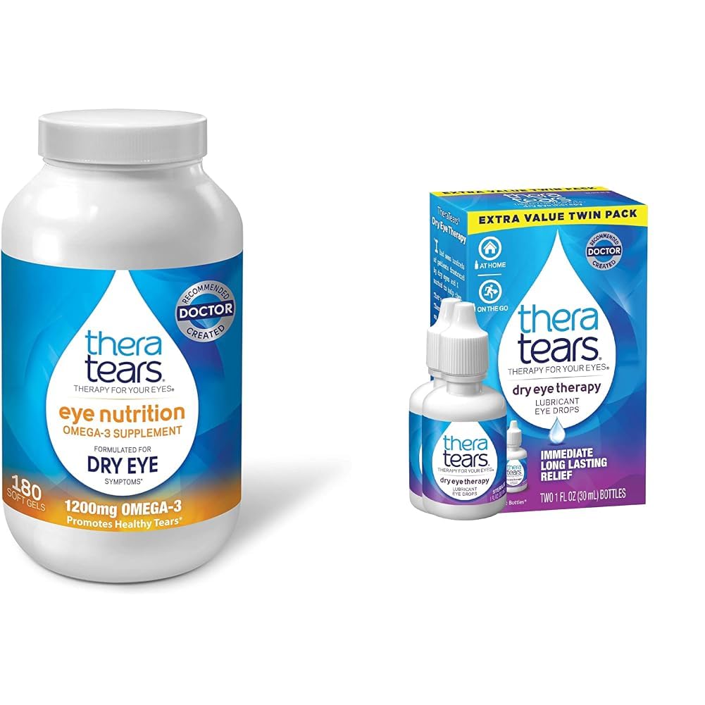 TheraTears 1200mg Omega 3 Suplement do Żywienia Oko, Organic Flaxseed Trigliceryde Fish Oil and Witamina E, 180 Count & Dry Eye Therapy Lubrygating Eye Drops for Dry Eyes, 1 fl oz Butelka Twin Pack
