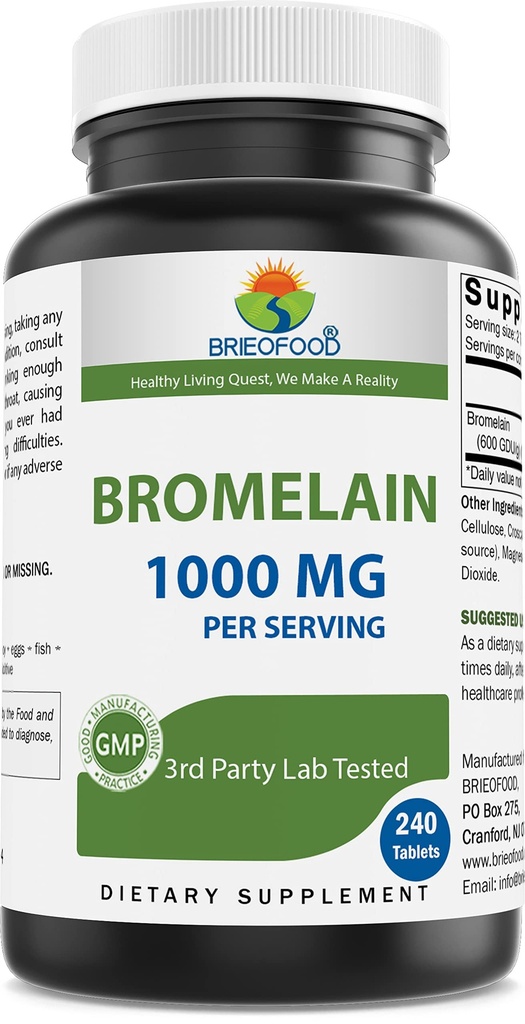 Brieofood Bromelain 1000mg na podawanie 240 tabletek - Proteolityczny enzym pokarmowy - Wspiera zdrową trawienie, zdrowie stawów, Wchłanianie składników odżywczych