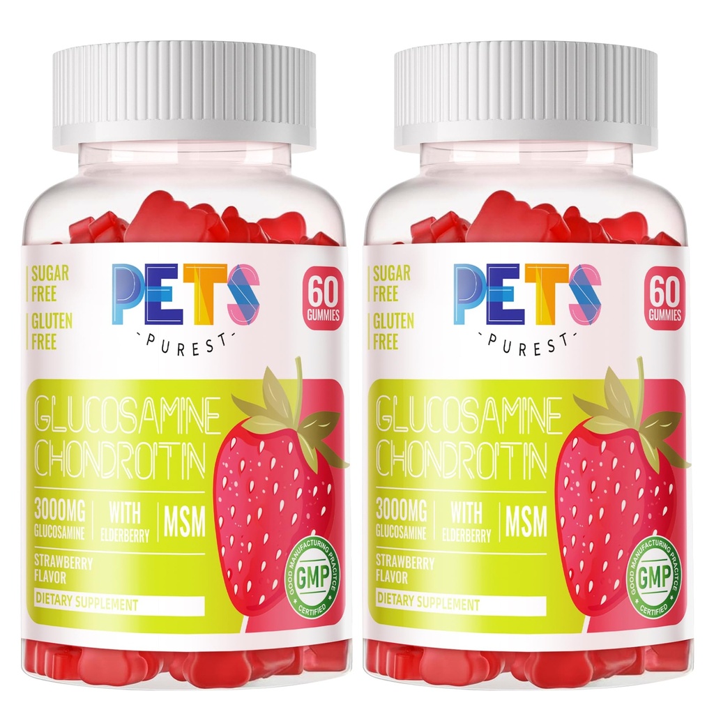 Zwierzęta domowe Najczystsza Glukozamina Gummie Chondroitin z mumm & Elderberry Extra Siła - Wspólne wsparcie, Antyoksydant immunologiczny Suplement wsparcia dla dorosłych, Mężczyźni i kobiety. (2 Pack) Truskawka