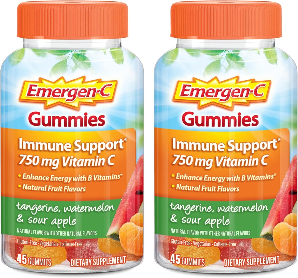 Gummy witaminy C Emergen- C, suplement diety do wsparcia immunologicznego, Tangerine, Arbuz i Sour Apple Flavor - 45 Hrabia x 2 (Opakowanie 2)