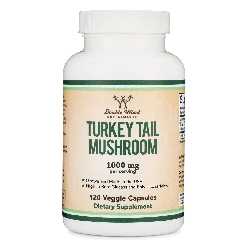 Turkey Tail Mushroom Supplement (120 Kapsułki - 2 Miesiąc dostaw) (Coriolus Versicolor) Kompleksowe wsparcie systemu immunologicznego, Non- GMO, Gluten Free, Dorośli i Encapsulated w USA przez podwójne drewno