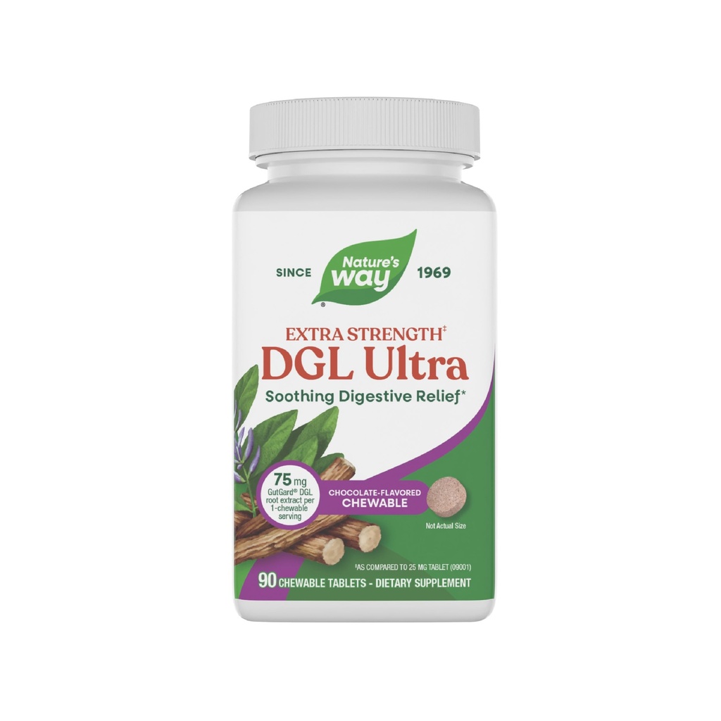 Natural 's Way DGL Ultra Extra Strength * *, Premium Licorice Root Extract, Soothing Digestive Relief *, z Gutgard, Vegan & Gluten Free, Czekoladowy Flavored, 90 Tabletki do żucia (Packaging May Vary)