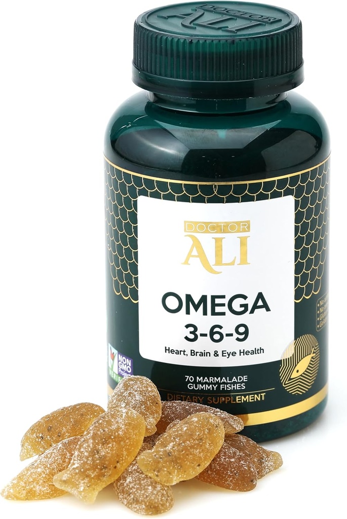 Doctor ALI - Vegan Omega 3- 6- 9 Gummie Yellow 124; Fish- Free, Non-GMO, Składniki organiczne Yellow 124; Mózg, Heart & Vision Support dla dorosłych i dzieci Yellow 124; Gluten- Free Yellow 124; 70 Count