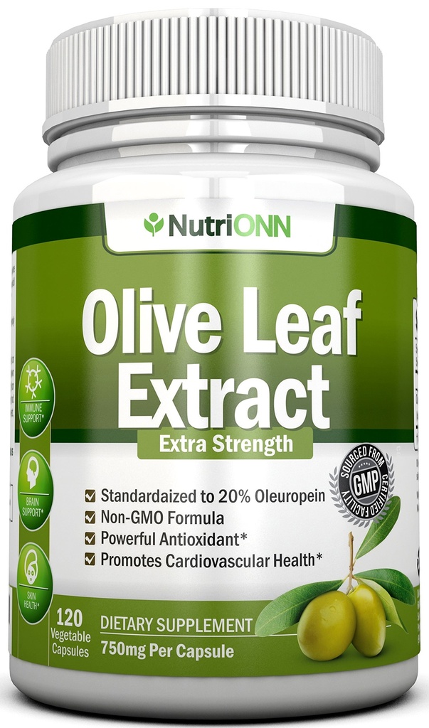 Olive Leaf Extract - 750 Mg - 120 Kapsułek - Dodatkowa siła - 20% Oleuropeina - Nie-GMO Formuła - Premium Quality From Pure Olive Leaves - Potężny przeciwutleniacz - Doskonały dla serca, skóry i mózgu