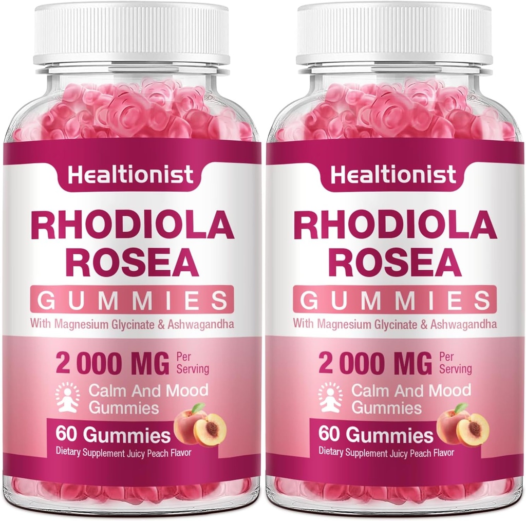 2 Pakiety bezcukrowe Rhodiola Rosea Gummies Adaptogenetic Rhodiola Rosea Supplement & Cortisol Blocker for Performance, Stamina, Mood & Motywacja - Non-GMO, 120 Vegan Chews